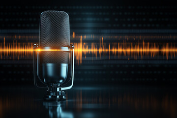 Vintage Microphone with Sound Waveform on Pastel Background for Broadcast or Podcast Banner