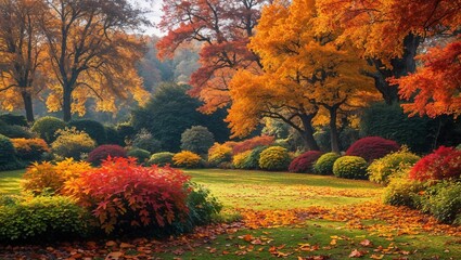 Obraz premium Beautiful autumn landscape with. Colorful foliage in the garden. Fall leaves natural background.