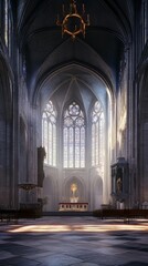 Sunlit Gothic Cathedral Interior