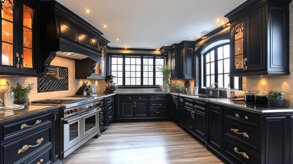 Elegant dark kitchen with stainless steel appliances, granite counters, and arched window.
