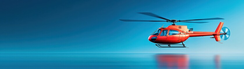 Vibrant red helicopter flying above a tranquil blue surface.