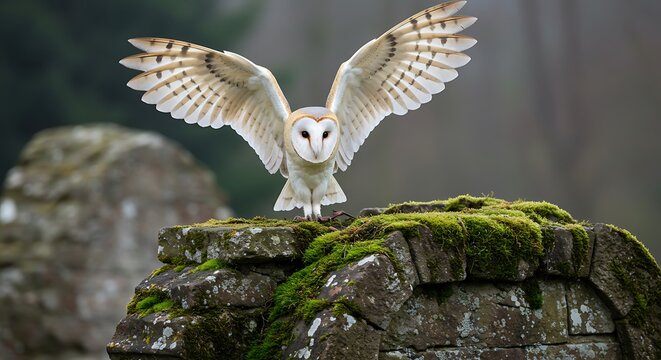 Chouette effraie d&eacute;ployant ses ailes sur une pierre moussue. Photo de stock pour la faune, les oiseaux de nuit, les rapaces nocturnes, la nature et les for&ecirc;ts.