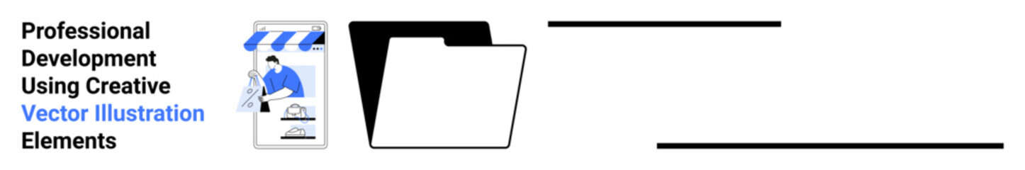 Folder graphic with documents, storefront promotional banner, and text highlighting skill growth. Ideal for education, marketing, creativity, organization, productivity, training flat landing page