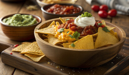 Nachos with cheese, salsa, and sour cream in a wooden bowl