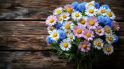 Obraz premium Colorful daisy and cornflower bouquet on rustic wood table, spring floral arrangement
