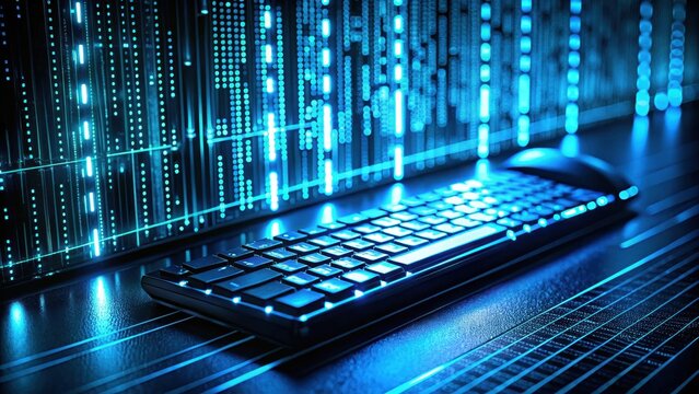 Darkened Linux terminal screen with matrix-style effect and glowing blue lines on keyboard and mouse
