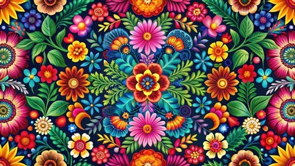 Colorful floral patterns with intricate designs and vibrant hues on a background resembling traditional Hispanic textiles, vibrant hues, south american culture