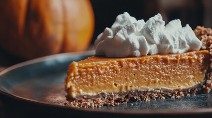 Close-up of creamy pumpkin pie with whipped cream