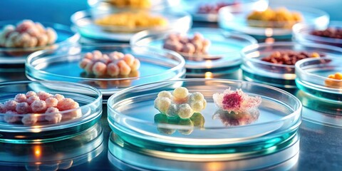 Organoids in petri dish on growing medium with cells arranged in layers, forming a three-dimensional structure , tissue engineering, laboratory equipment © udomsak