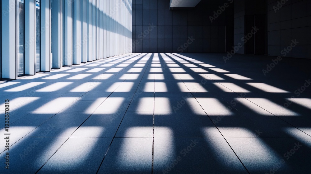 Poster geometric light and shadow patterns on a tiled floor in an empty room