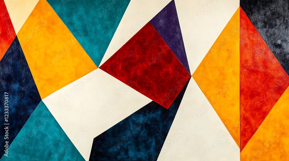 Poster abstract geometric pattern featuring various colored triangles on a flat surface forming a modern ar