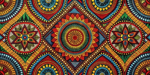 African Tribal Batik Pattern with Bright Colors and Intricate Designs