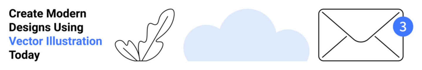 Envelope with alert badge, cloud in background, outlined leaf. Ideal for email, communication, updates, messaging, digital tools, notifications flat landing page banner