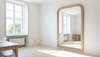 Fototapeta premium Light wood framed mirror in minimalist room with white walls and windows