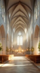 Sunlit cathedral aisle, peaceful serenity.