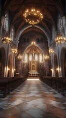 Fototapeta premium Grand church interior, serene and solemn.
