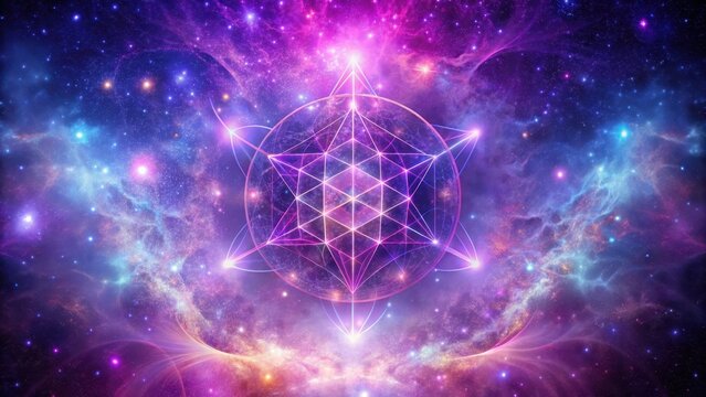 Vibrant galaxy background with Metatron's Cube overlay in a swirl of purple and pink hues