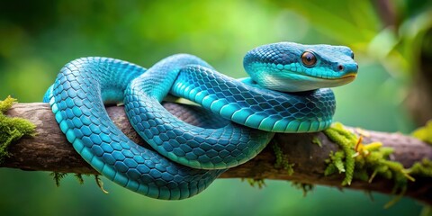 Obraz premium Close-up of a Blue viper snake wrapping around a branch in the Indonesian jungle, reptilian, conservation efforts