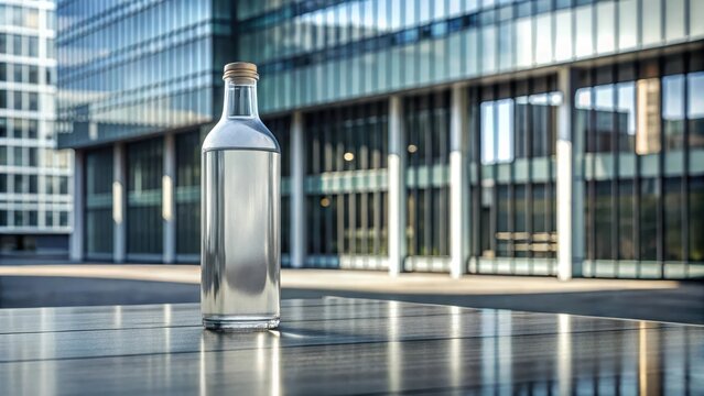 Glass bottle on a table in front of a building, with a grey rectangle in the background, minimalist design, glass container
