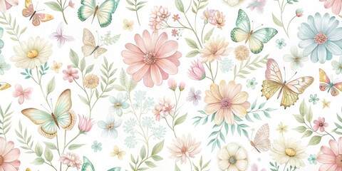 Soft pastel flowers and butterflies create a delicate seamless pattern on a white background, symbolizing renewal and growth in nature , floral patterns, butterflies