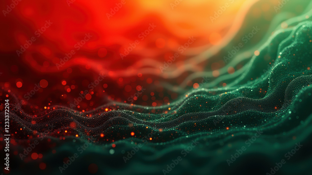 Poster red & green abstract particle wave background - abstract backgrounds