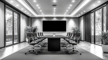 Modern conference room with large screen, table, and chairs.