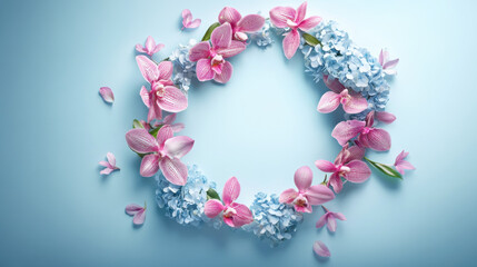 A beautifully designed circular frame encircled by exotic orchids and hydrangeas, artistically positioned on a smooth pastel blue background