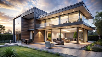 Modern house with sleek and minimalist design featuring large windows and an open-concept living area , modern home, architecture