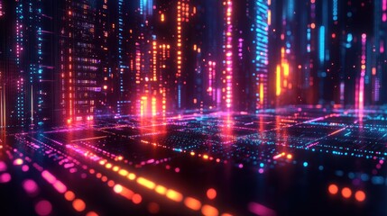 Naklejka premium Vibrant digital cityscape with neon lights and patterns