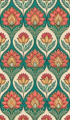 Traditional Indian Floral Block Print Design With Vibrant Colors and Motifs. Generative AI