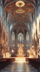 Fototapeta premium Sunlit church interior, ornate details