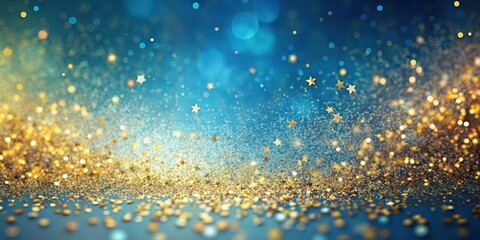 Colorful abstract background with delicate gold glitter sparkles scattered across a serene blue canvas , gradient
