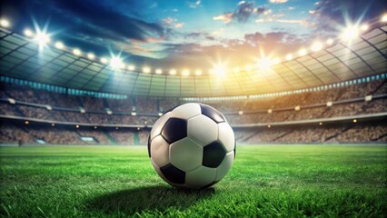 A soccer ball sits alone on a lush green field with a blurred stadium in the background, capturing the serene atmosphere of a peaceful game , solitude, green field