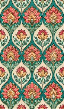 Traditional Indian Floral Block Print Design With Vibrant Colors and Motifs. Generative AI