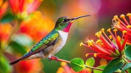 Fototapeta premium Vibrant hummingbird perches on a honeysuckle flower stem, beak dipping into the colorful nectar-filled center of the bloom, nature, insect feed