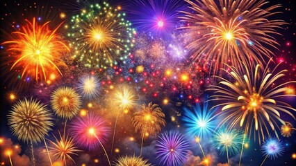 Naklejka premium Diverse fireworks exploding in a night sky with vibrant colors and patterns, Diwali celebration, vibrant colors