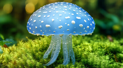 Close-up of an elegant, transparent jellyfish-shaped plant with delicate white dots and a green moss background. 