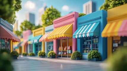 Colorful storefronts on a sunny city street, ideal for retail or urban life concepts