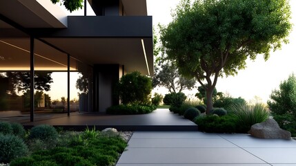 Fototapeta premium Modern House Exterior with Lush Greenery at Sunset