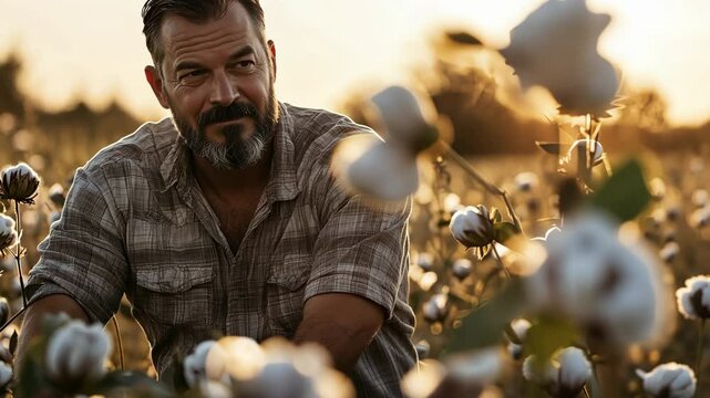 A Caucasian bearded man with a plaid shirt sits amidst a cotton field, bathed in warm golden sunlight, with a contemplative expression doing farm work that previously done by illegal immigrants.