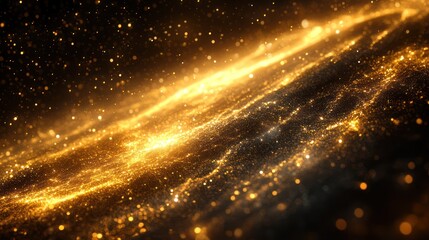 Obraz premium Golden cosmic dust swirls, dark space background, abstract art, website header
