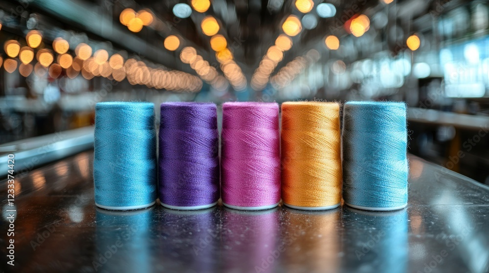 Poster colorful thread spools on table in textile factory with bokeh background