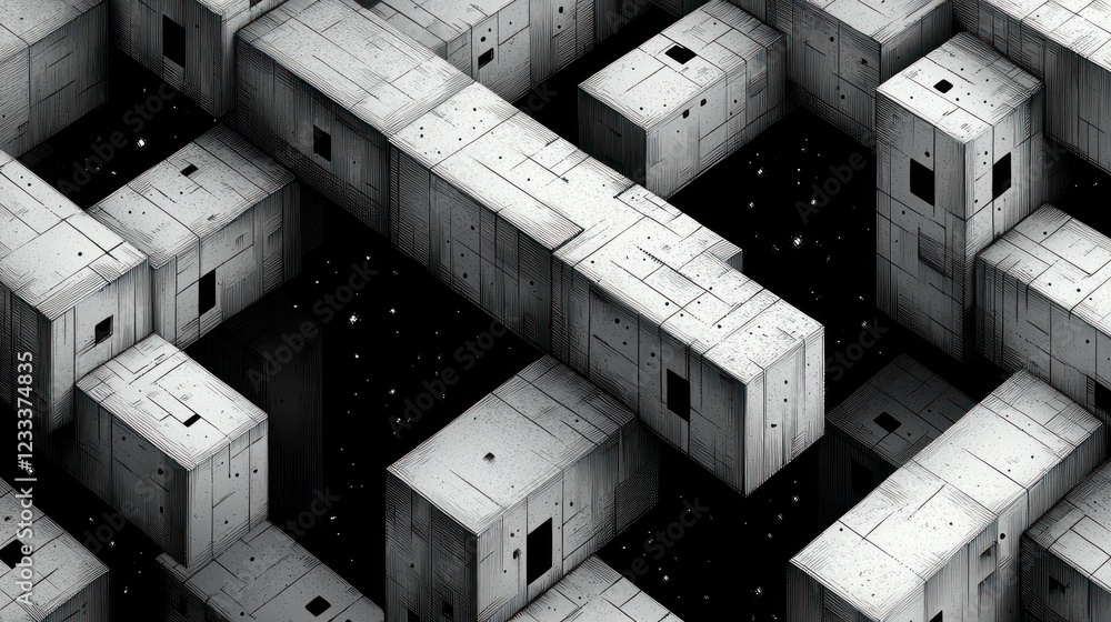 Poster abstract grayscale rendering of complex, interconnected geometric structures in space.