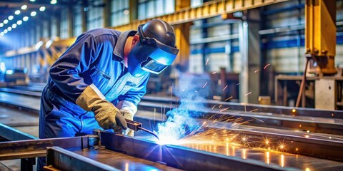 Welder operating submerged arc welding machine on steel plate in industrial factory setting, equipment, submerged arc welding