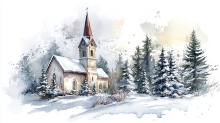 Church and winter forest covered by heavy snow.