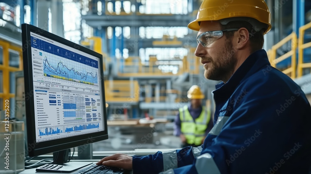 Poster industrial worker analyzing data on computer screen in modern warehouse setting with fellow colleagu