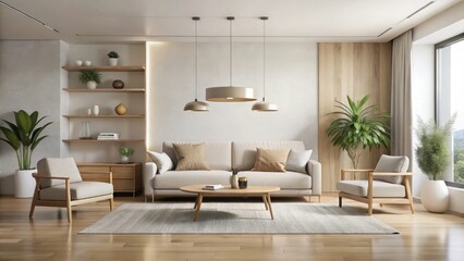 Fototapeta premium Minimalist living room with neutral tones, modern furniture, clean lines