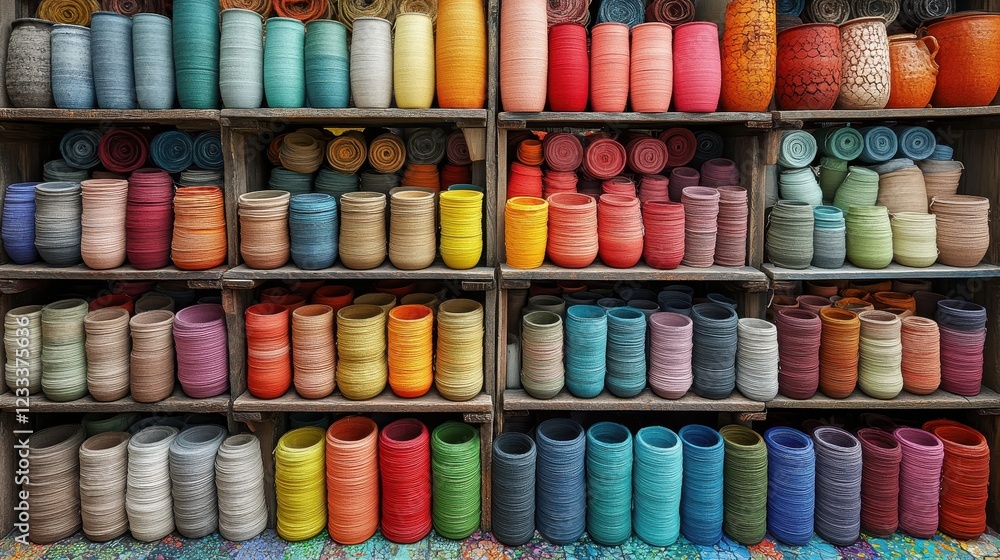 Poster a vibrant display of colorful pots and yarns in a organized shelf setting.