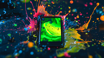 A smartphone surrounded by vibrant paint splashes on a dark surface, showcasing creativity and color