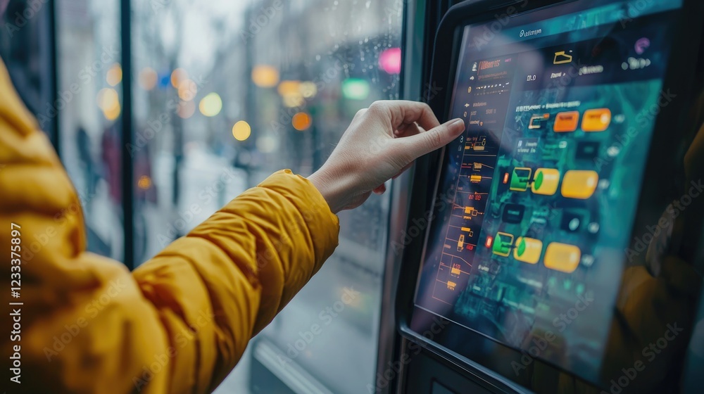 Poster interactive cityscape with person using a touchscreen interface in an urban setting.